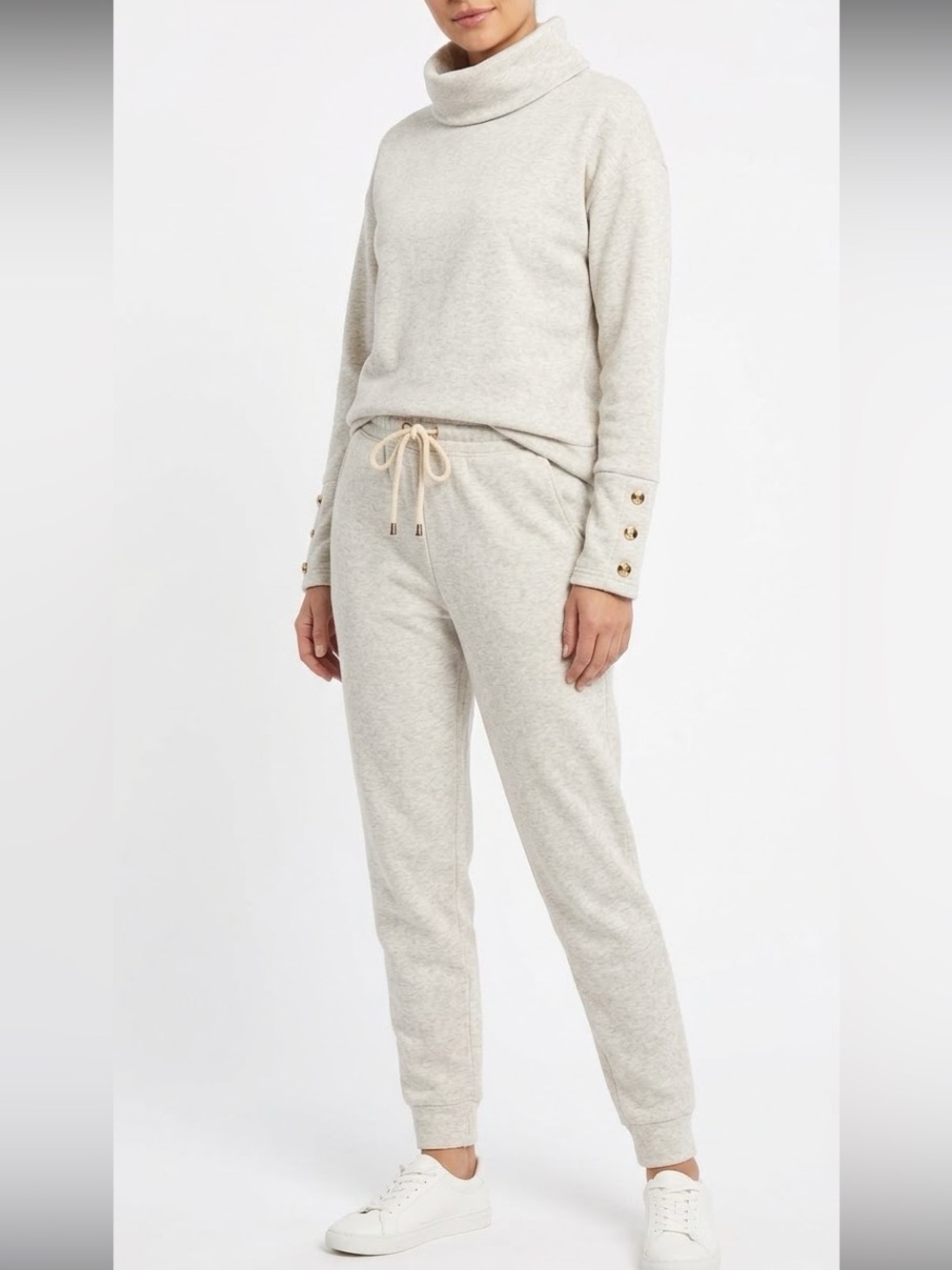 Cozy Beige Sweatshirt and Jogger set with Button Accents XS